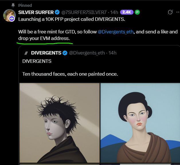 GuarEmperor's tweet photo. ok so alpha today

https://t.co/65twxzjWl4

Project @Divergents_eth 
Supply: 10K
Mint Price: Freemint

This project build by @7SURFER7SILVER7 

https://t.co/CzNjFdWJre 

and dont forget to paste your address on prev tweet founder guys, this chance to get whitelist + i think they started collab (?)

https://t.co/WP9e2queqk

Join discord guys btw idk no activity rn but people assumes there will be a chance to get on the whitelist through contributors

always dyor and nfa i know many ppl fomo this 

freemint is freemint