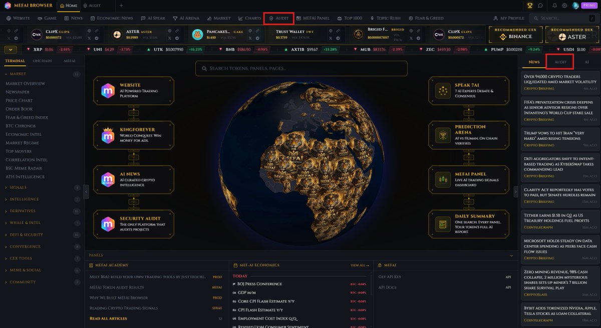 MetaFinancialAI's tweet photo. MEFAI DEX opens to the legion community tomorrow.

Non custodial, multichain aggregation, Scam Shield, and an AI copilot on every swap. The router that protects you.
MEFAI Security also grew, 30 new project audits added, 60 total live, each reviewed claim vs reality with a verdict.
Which 30 projects were added? 🧐🤔
https://t.co/MH7dgXkvY8
https://t.co/0iybgcePUI