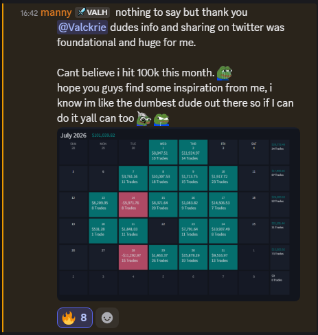 ValhallaTrading's tweet photo. Huge congrats to @mvnnnyyy for a milestone $100k month! https://t.co/9OBMtl7SfH