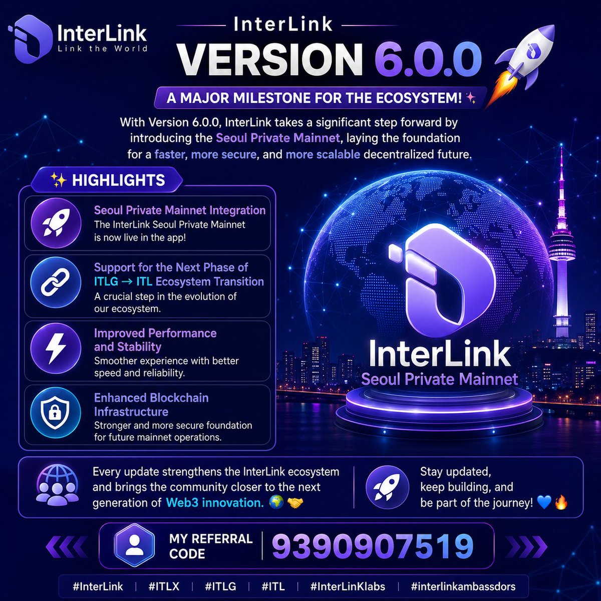 PeruriPravst96's tweet photo. 🚀🌐 InterLink Version 6.0.0 is a major milestone for the ecosystem! 

🚀 Seoul Private Mainnet integration
🔗 Support for the next phase of the ITLG → ITL ecosystem transition
⚡ Improved performance and stability

#InterLink #ITLX #ITLG #ITL #InterLinKlabs #interlinkambassdors https://t.co/37nQUKUehy
