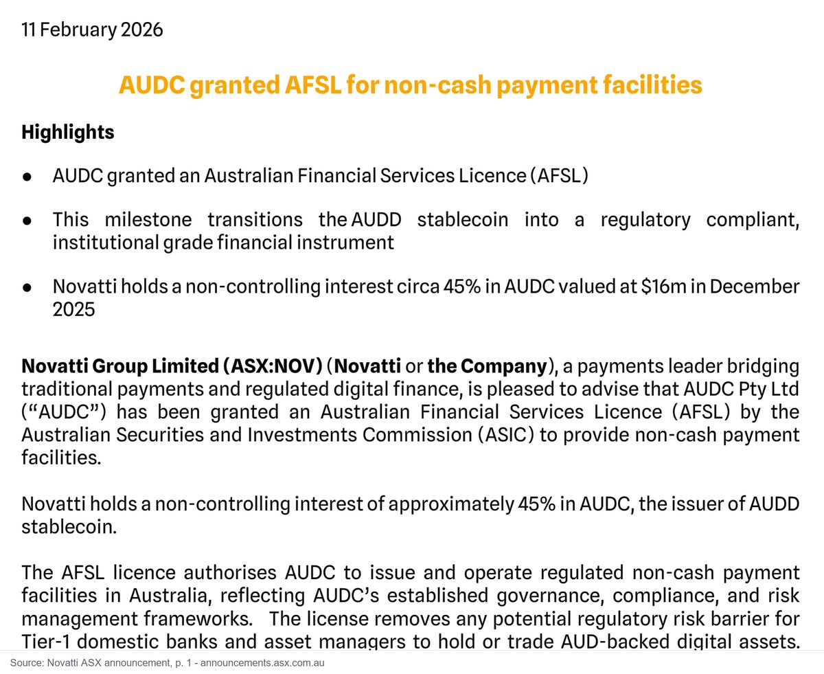 beyond_broke's tweet photo. AUDD, an Australian dollar stablecoin, was granted an AFSL by ASIC for non-cash payment facilities. That's an Australian regulator licensing a specific stablecoin issuer under its own securities framework. https://t.co/nVlcEI1uZA