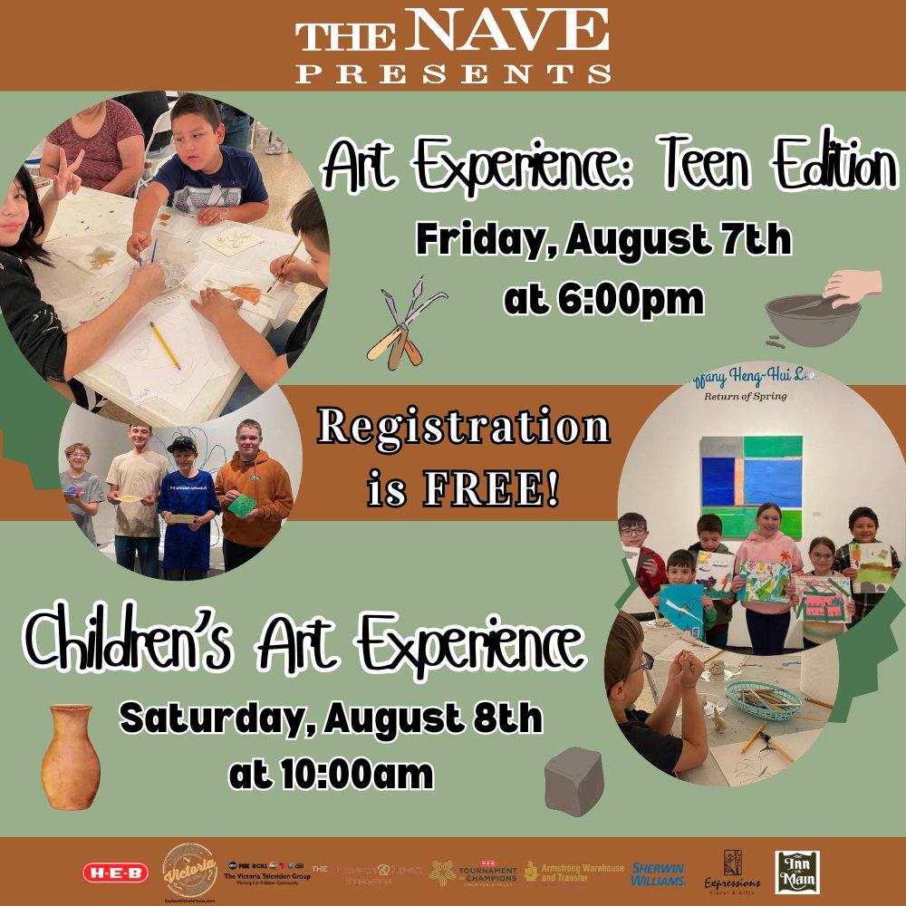 TheNaveMuseum's tweet photo. Sign up for our upcoming art activity classes!

Art Experience, Teen Edition: Friday, August 7th at 6:00 pm!
https://t.co/7ZNEIur80q
AND
Children's Art Experience: Saturday, August 8th at 10:00 am!
https://t.co/K8lsmz1bX0

‼️Registration is always Free‼️

#victoriatx #artclass https://t.co/FMx3oewjMc