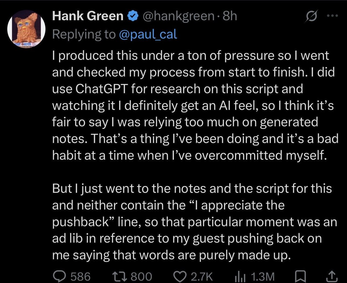 fisackerly's tweet photo. Hank Green may be a perfectly nice guy, but if you're a writer who uses A.I., you probably should stop calling yourself a writer. https://t.co/kKgd5GaOwR