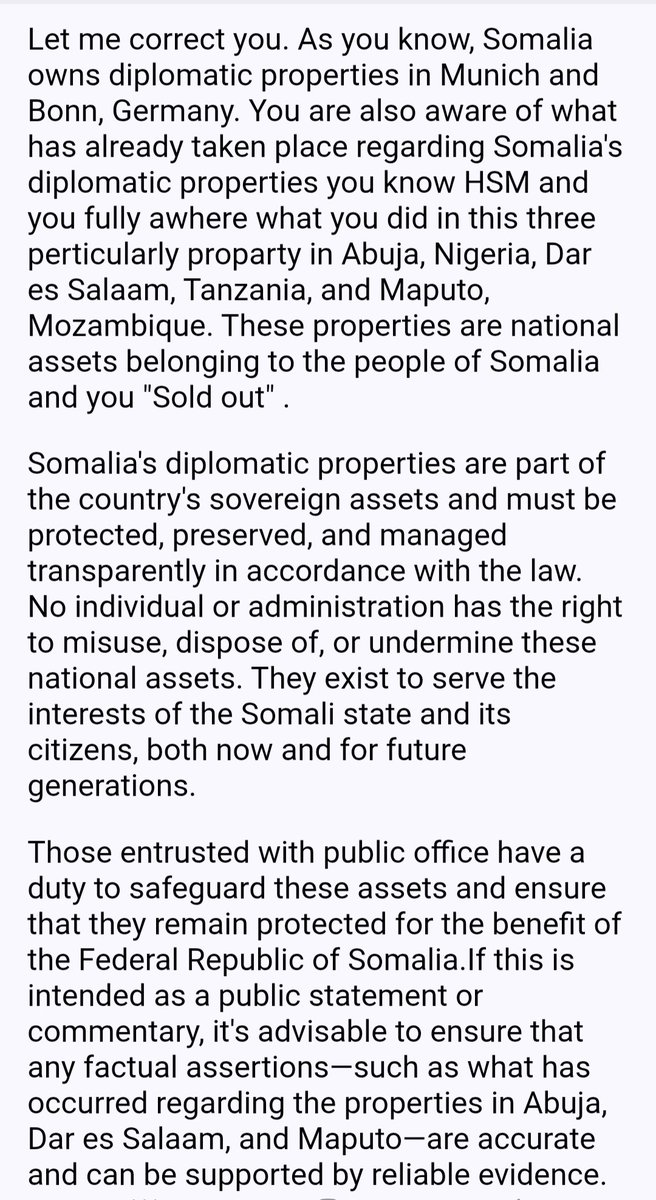 m_amb's tweet photo. @AliOmarMP Let me correct you. As you know, Somalia owns diplomatic properties in Munich &amp; Bonn. You are also aware of what has already taken place regarding Somalia's diplomatic properties HSM you fully awhere what you did in this three perticularly Nigeria,Tanzania, Maputo, you"Sold out" https://t.co/SwZrjmUvby