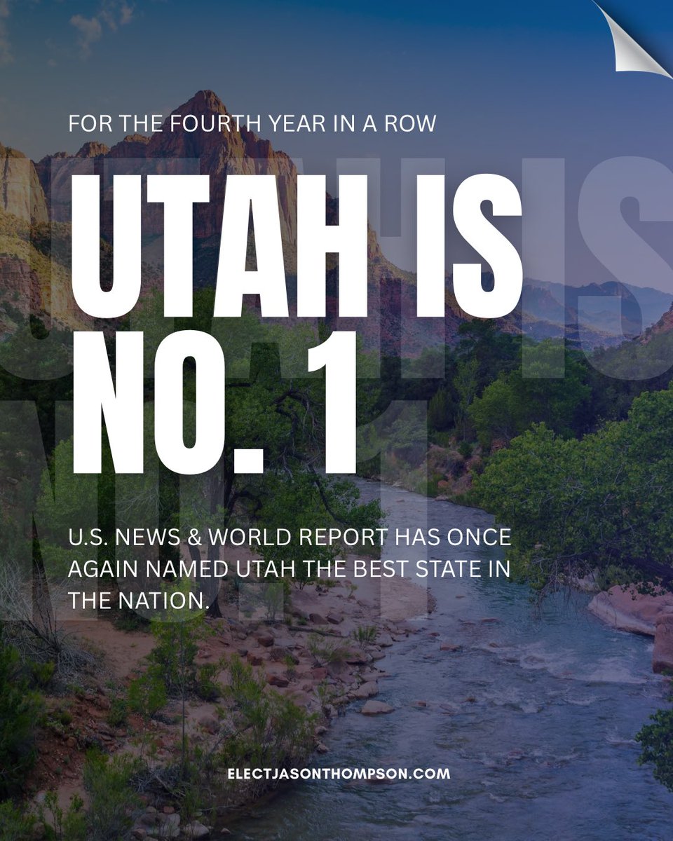 JasonEThompson's tweet photo. Utah has once again been named the #1 Best State in America by U.S. News &amp; World Report, the fourth consecutive year earning this award! https://t.co/SNzb1zgizD
