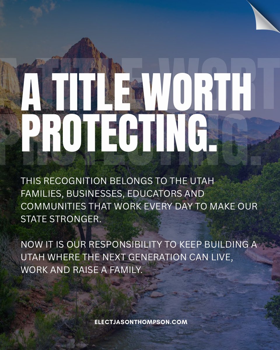 JasonEThompson's tweet photo. Utah has once again been named the #1 Best State in America by U.S. News &amp; World Report, the fourth consecutive year earning this award! https://t.co/SNzb1zgizD