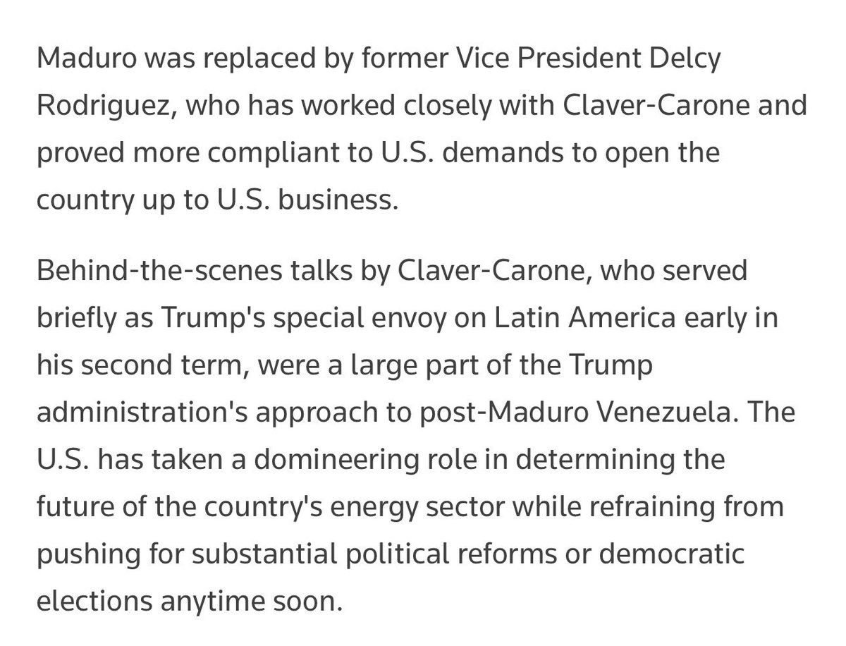 OrlvndoA's tweet photo. #URGENTE | Reuters:

Mauricio Claver-Carone, el poderoso asesor no oficial que manejaba gran parte de la política de la administración sobre Venezuela, deja su rol.

Claver-Carone fue uno de los principales arquitectos de la política que devino en el 3 de enero y, desde entonces, era uno de los actores que en el día a día manejaba a Delcy Rodríguez.