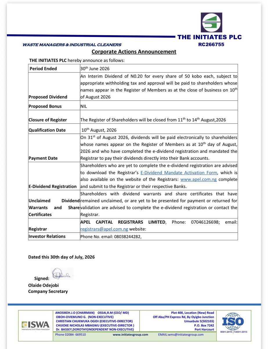 Rxbremen's tweet photo. TIP dividend now official ✅✅

20 kobo on each share, to be paid on the 31st of August, deadline to qualify would be August 10. 

The company would pay out 400M naira August ending to share holders https://t.co/0Sw5sapG2x