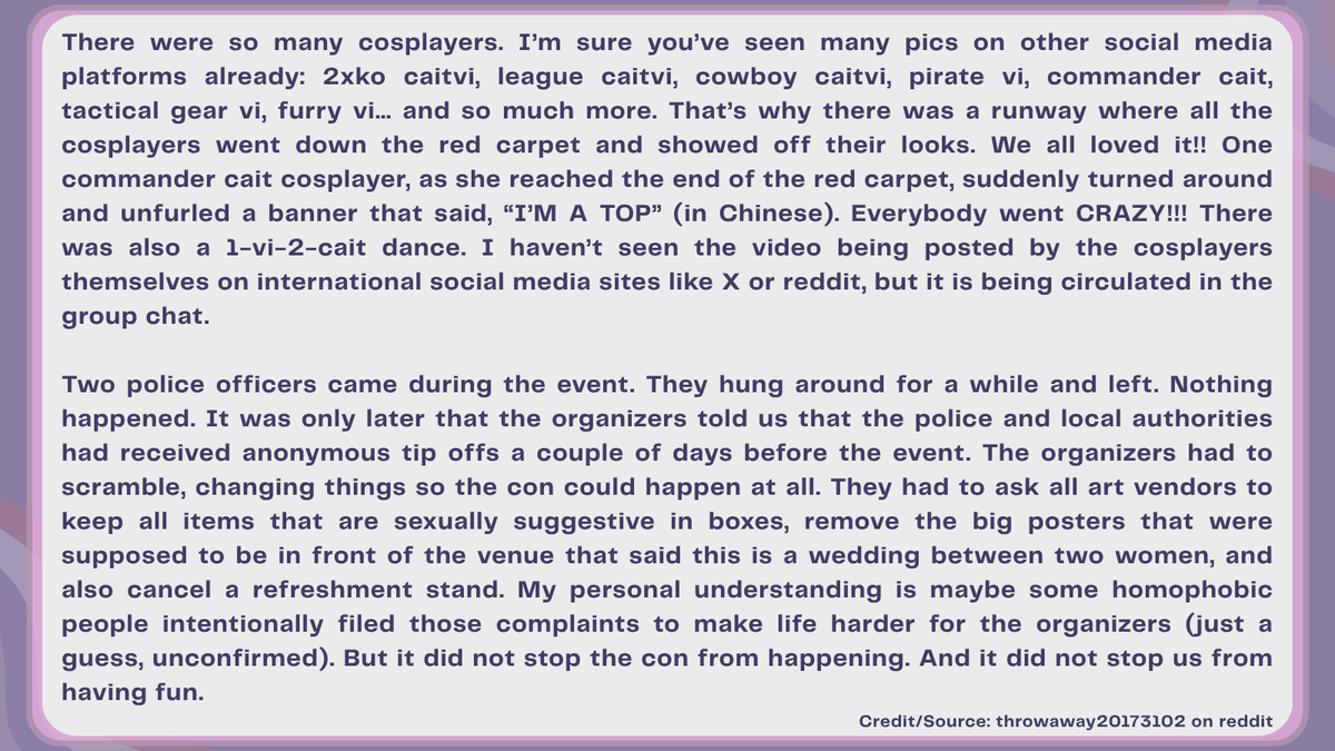 stillcaitvi's tweet photo. Many Caitlyn and Vi cosplayers in different styles and universes showed up, there was a runway where all cosplayers went down a red carpet to show off!

Two police officers showed up due to anonymous tips but the organizers did their best to ensure the event could still happen https://t.co/m0oEwTS9YZ