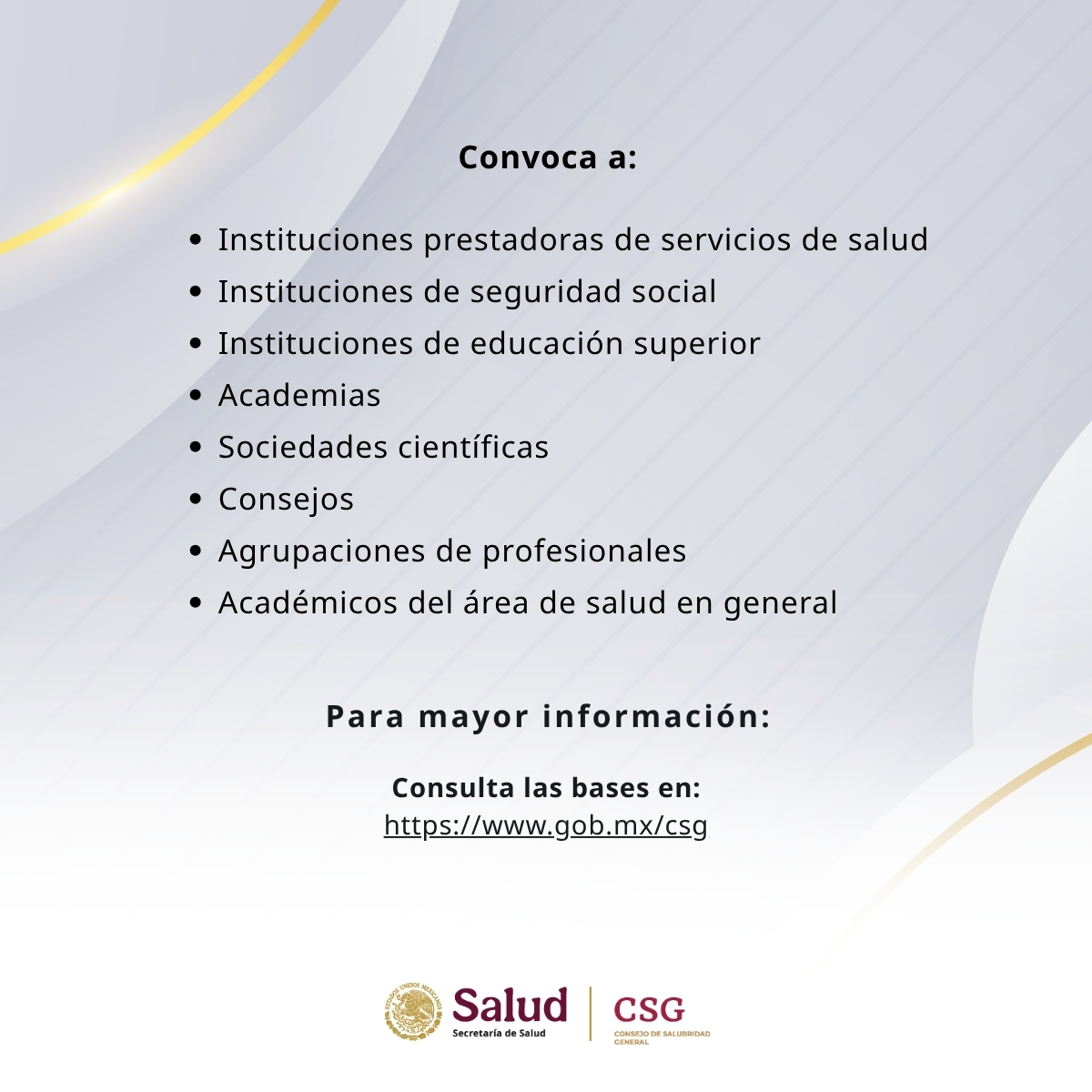 DeSalubridad's tweet photo. 🏆 Reconocimiento al Mérito Médico 2026

El Consejo de Salubridad General invita a las instituciones de salud, academias y universidades a postular a quienes día con día transforman la medicina en nuestro país.

¡Revisa los requisitos!
✨ Convocatoria: https://t.co/HGC7EDcpdM
📖 Guía de postulación: https://t.co/yc1Q8ueZ5M
🌐 Más info: https://t.co/WeazdnvLof

#CSG #RMM2026