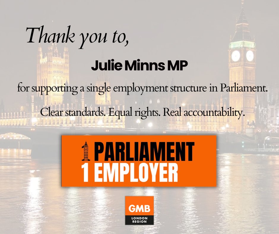 GMB_MPs_Staff's tweet photo. Seventy MPs now, from right across the House. 

The case for change is getting harder to ignore. Thanks to Julie Minns MP for backing 

#OneParliamentOneEmployer. 

(Signature No. 70) https://t.co/Qsal6oBZue