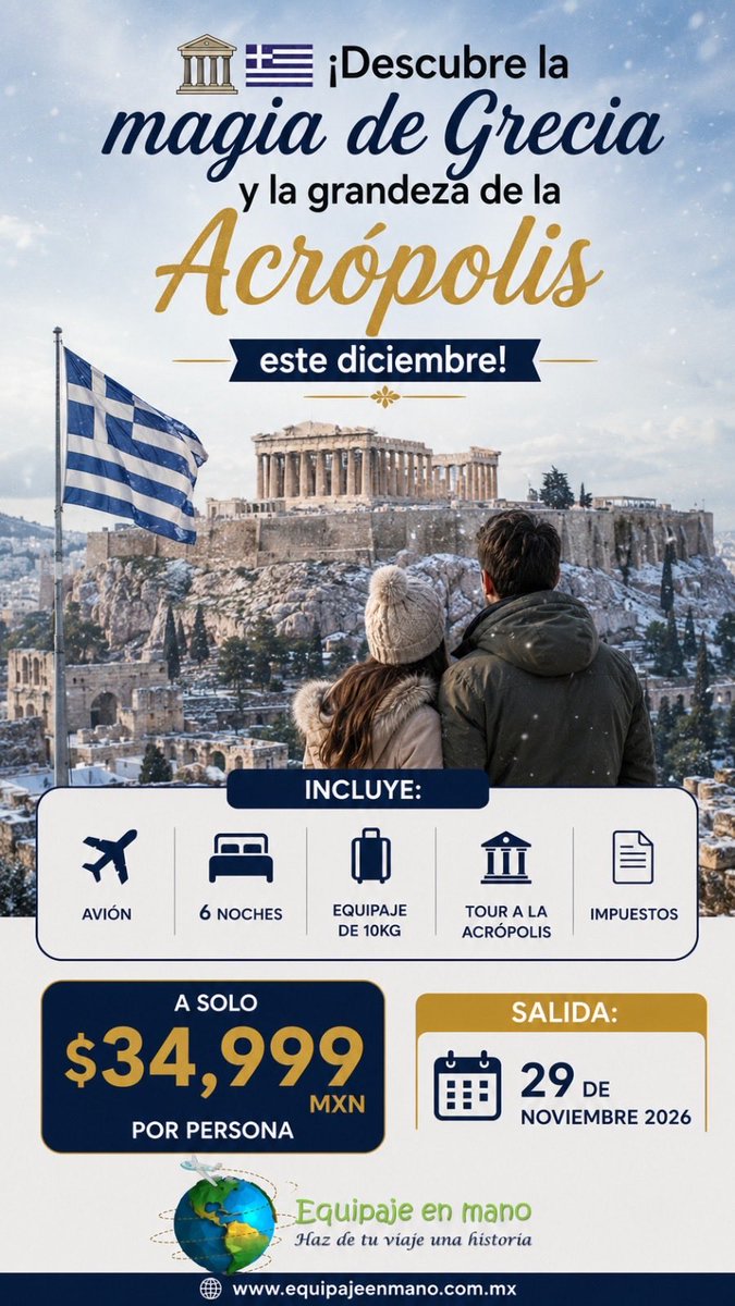 EquipajeEn's tweet photo. 🎉 Comienza a planear tu viaje inolvidable este Diciembre:

☎ Llámanos al 55 7495 7381

📲 WhatsApp. 👉🏻 https://t.co/BvRFOQeMcM

 ¡PAGAS LO QUE VES!

#equipajeenmano #Chicago #LasVegas #Grecia https://t.co/SllItuuXgM