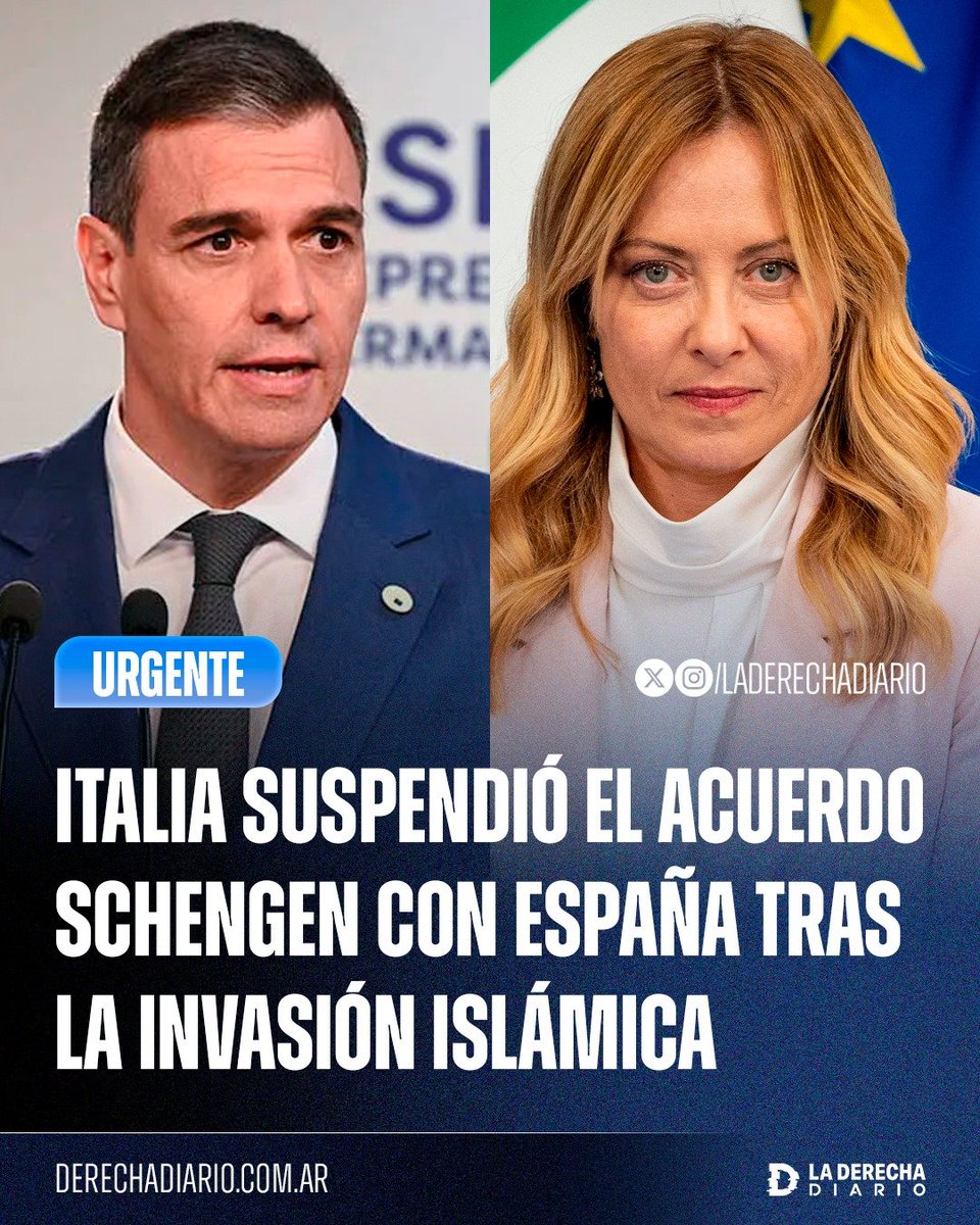 laderechadiario's tweet photo. 🚨🇮🇹🇪🇸 | ITALIA SE PLANTA CONTRA ESPAÑA: Italia suspendió el acuerdo Schengen con España y comenzó a restringir el libre ingreso de ciudadanos españoles a su territorio, en respuesta a la crisis migratoria desatada por el Gobierno de Pedro Sánchez.

La decisión de Giorgia Meloni profundiza el aislamiento internacional de España y marca un hecho histórico dentro de la Unión Europea.