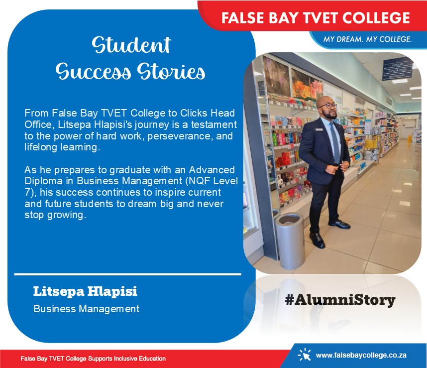 FalsebayCollege's tweet photo. From Business Management at our Khayelitsha Campus to a successful career at Clicks Head Office, Litsepa Hlapisi's journey shows where dedication and continuous learning can lead.
Read his inspiring story: https://t.co/oKMqCyDrNh
#FalseBayTVETCollege #AlumniSuccess #DHET https://t.co/EAkEqVj4WW