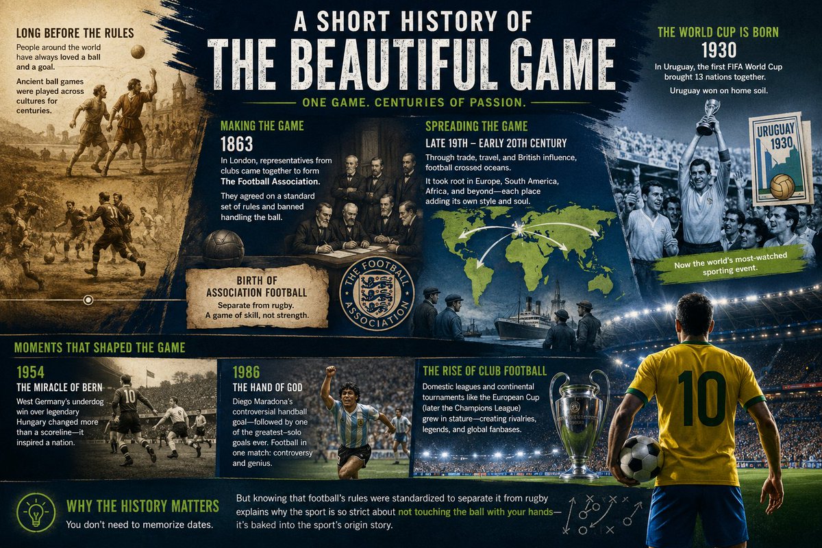 iamikenna's tweet photo. Football wasn't invented overnight—it evolved over centuries before England standardised the rules in 1863, separating football from rugby. From there, it spread worldwide, giving us the FIFA World Cup, legendary moments, and a truly global passion. 

#FootballHistory https://t.co/LS58bv48vV