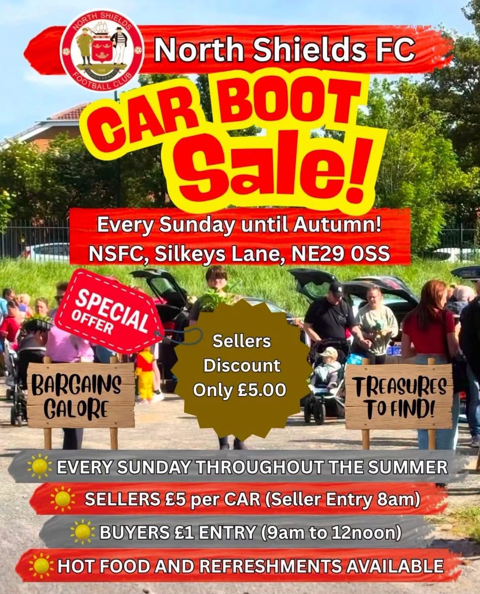 NorthShieldsFC's tweet photo. ✨ SUNDAY PLANS = SORTED! ✨
The North Shields FC Car Boot Sale is back this Sunday, 2nd Aug! ☀️
📍 NE29 0SS
🚗 Sellers: £5 (8am entry, no booking needed)
🛍️ Buyers: £1 (9am–12pm)
☕ Cafe OPEN all morning
Come support your local club & find a bargain! 🙌
#CarBootSale https://t.co/4HloHUXOzx
