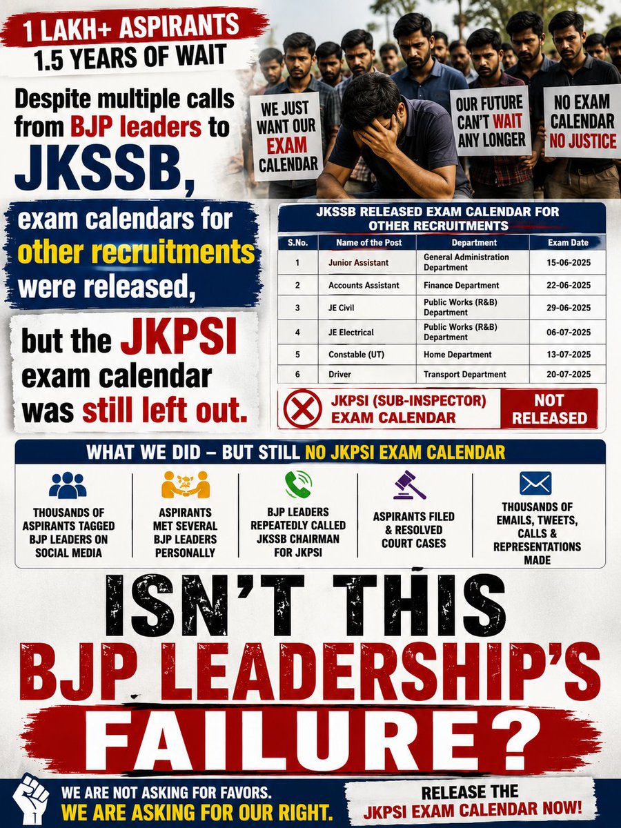 JKPSIBATCH2025's tweet photo. JKSSB has released exam calendars for several other recruitments, but the JKPSI exam calendar is still missing.
𝙉𝙤 𝘾𝙤𝙪𝙧𝙩 𝘾𝙖𝙨𝙚 
 𝙀𝙫𝙚𝙣 𝘾𝘼𝙏 𝙖𝙨𝙠𝙚𝙙 𝙩𝙤 𝘾𝙤𝙣𝙙𝙪𝙘𝙩 𝙅𝙆𝙋𝙎𝙄
But JKSSB has crushed our souls today.

@AshokKoul59 @Sunil_SharmaBJP @BJP4JnK https://t.co/FDkFE863Je