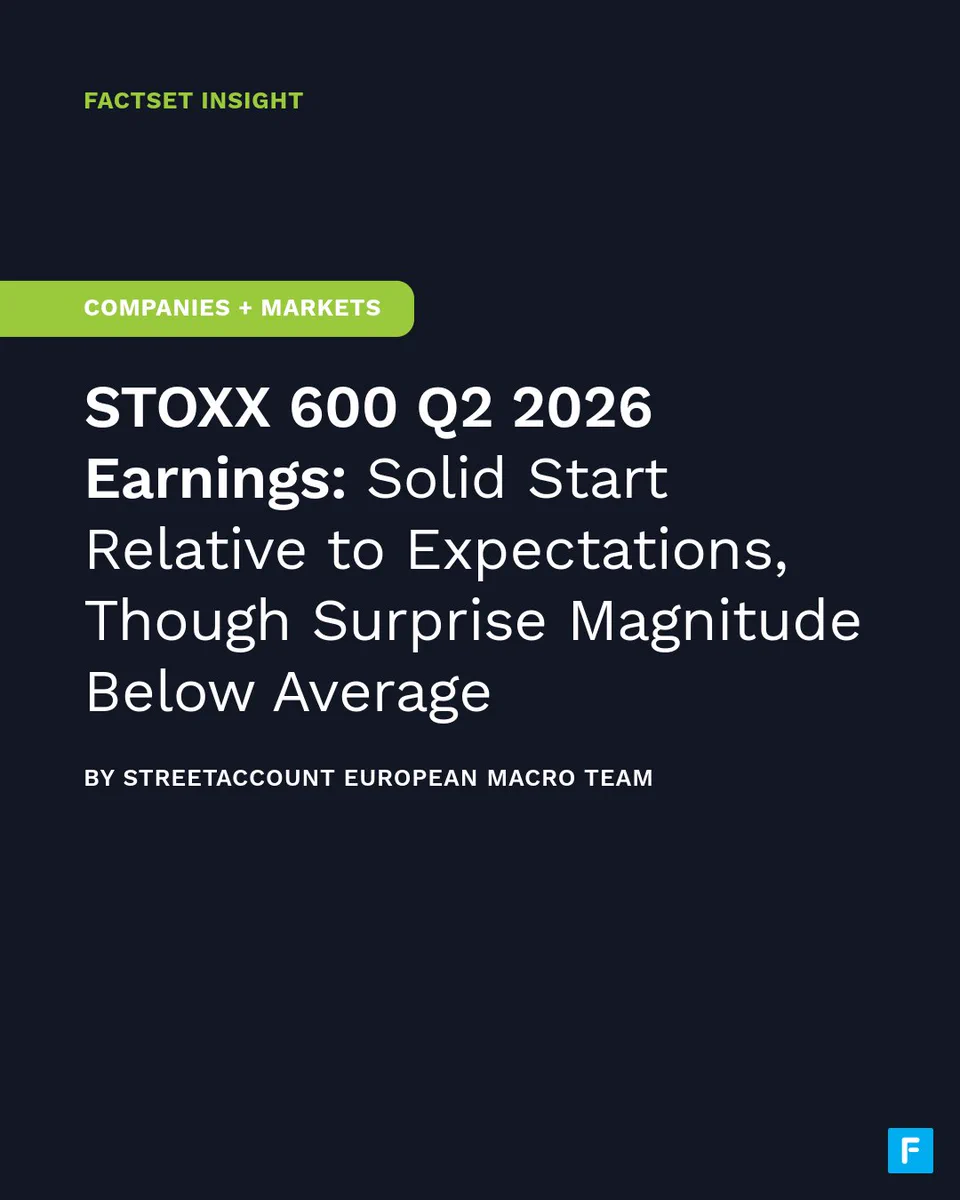 A digital document from FactSet Insight titled "STOXX 600 Q2 2026 Earnings." The text highlights a solid start relative to expectations, though the surprise magnitude is below average. Document by StreetAccount European Macro Team.