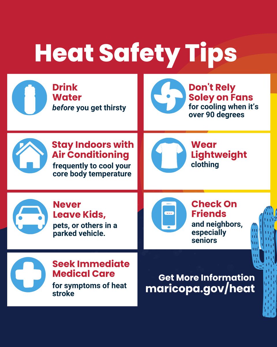 Maricopahealth's tweet photo. ⚠️ Extreme Heat warning extended through Monday, Aug. 3

Yes, we all know it's hot here, but even seasoned residents fall victim to heat illness if not careful. We can all take steps to stay safe. Stay hydrated, stay indoors with a/c, and check on others.

https://t.co/Xozf2CbOxN https://t.co/Ao1BiVFnEL