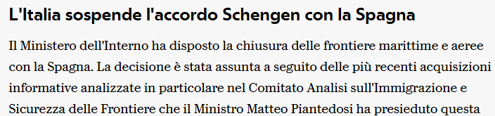 gloquenzi's tweet photo. Mi spiegate che significa? L'Italia non ha confini di terra con la Spagna se ricordo bene. Quindi stiamo ripristinando controlli doganali agli arrivi diretti dalla Spagna via aereo o via nave, manco fosse in corso una pestilenza. I marocchini - in gran parte già rientrati nel loro paese - non sono nella Spagna continentale ma in Africa. La possibilità che qualcuno di loro prenda un aereo o una nave per arrivare in Italia e minacciare i nostri sacri confini mi pare piuttsto bassa.