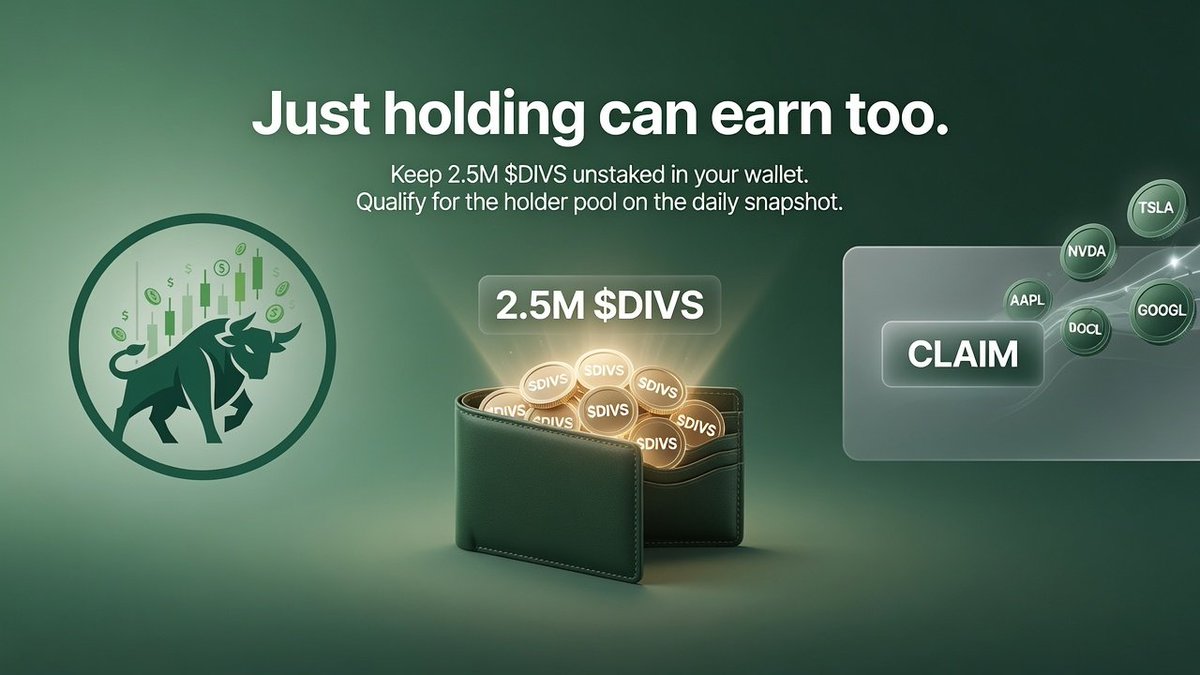 DailyDivscom's tweet photo. Just holding can earn too.

When holder rewards are on. Keep enough $DIVS in your wallet (currently 2.5m), stay unstaked, and you may qualify for the holder pool on a published daily snapshot. 

That path uses a separate claim button on the Vault page. It is the quieter way to participate if you want wallet balances instead of a vault deposit.