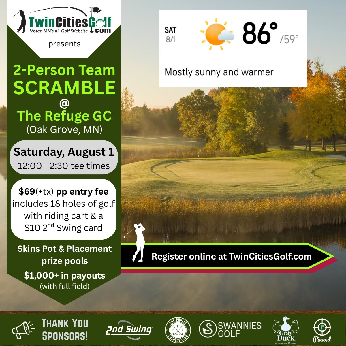TwinCitiesGolf's tweet photo. 2 Team Spots left &amp; a single needed for tomorrow's (8/1) TCG Scramble at The Refuge GC (Oak Grove, MN). $1000+ in prize purse payouts! 2:00 teetime. Sign up as a 2-some, single (we'll pair you up) or foursome at https://t.co/mc1XRuSWad https://t.co/IYNByhl6bA