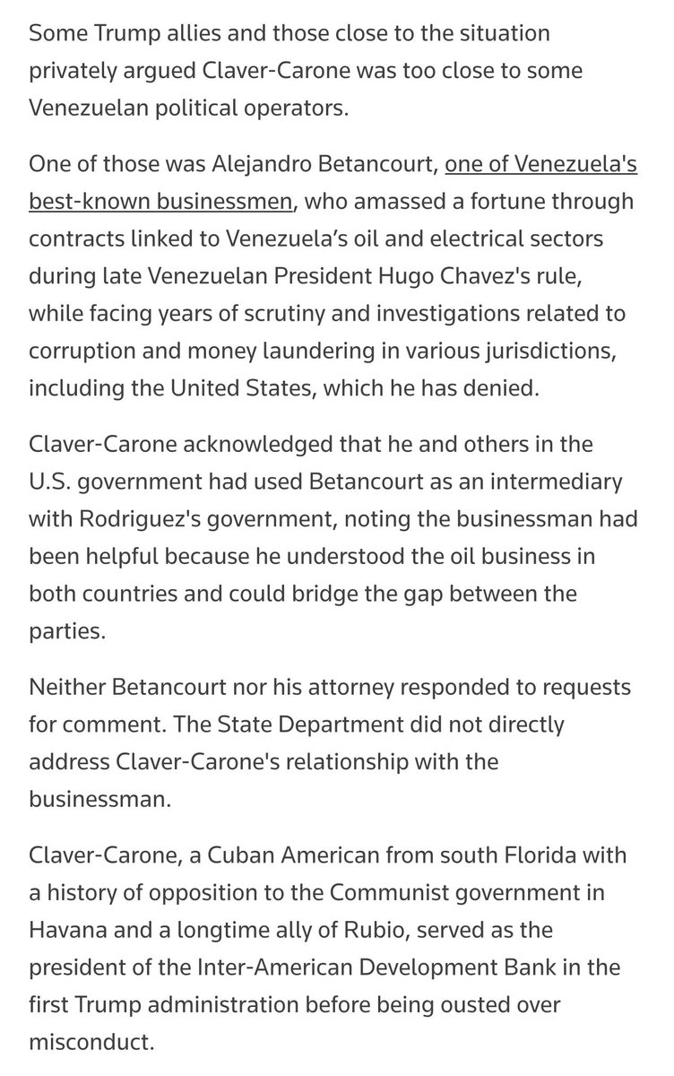 OrlvndoA's tweet photo. #URGENTE | Revelación de Reuters:

El bolichico Alejandro Betancourt venía operando como un vínculo con el régimen de Delcy Rodríguez.

Claver-Carone le dijo a Reuters que Betancourt ha sido “de utilidad porque entiende bien el negocio petrolero en Venezuela” y ayuda a entablar puentes entre las partes.

Betancourt es acusado de uno de los mayores desfalcos de la historia de Venezuela y de enriquecerse a través de contratos fraudulentos en el sector energético.