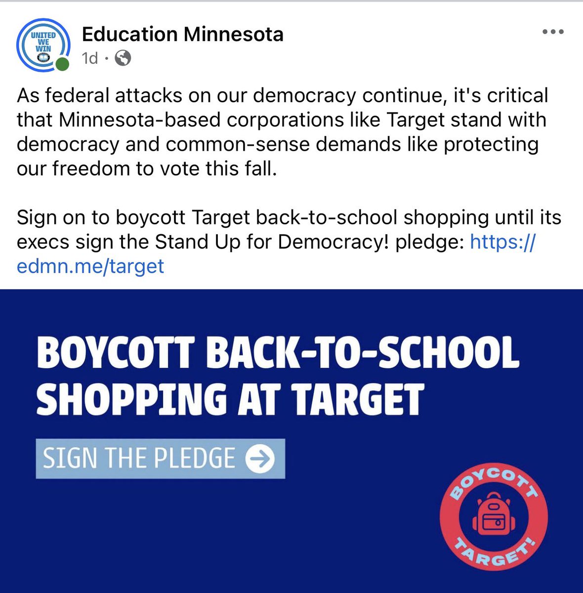 lizcollin's tweet photo. Minnesota’s largest teachers union, Education Minnesota, calls on teachers to boycott back-to-school shopping at Target “as federal attacks on our democracy continue.”

“It’s a laughable lack of common sense joke that continues to make the union look stupid,” one teacher told @AlphaNews.
