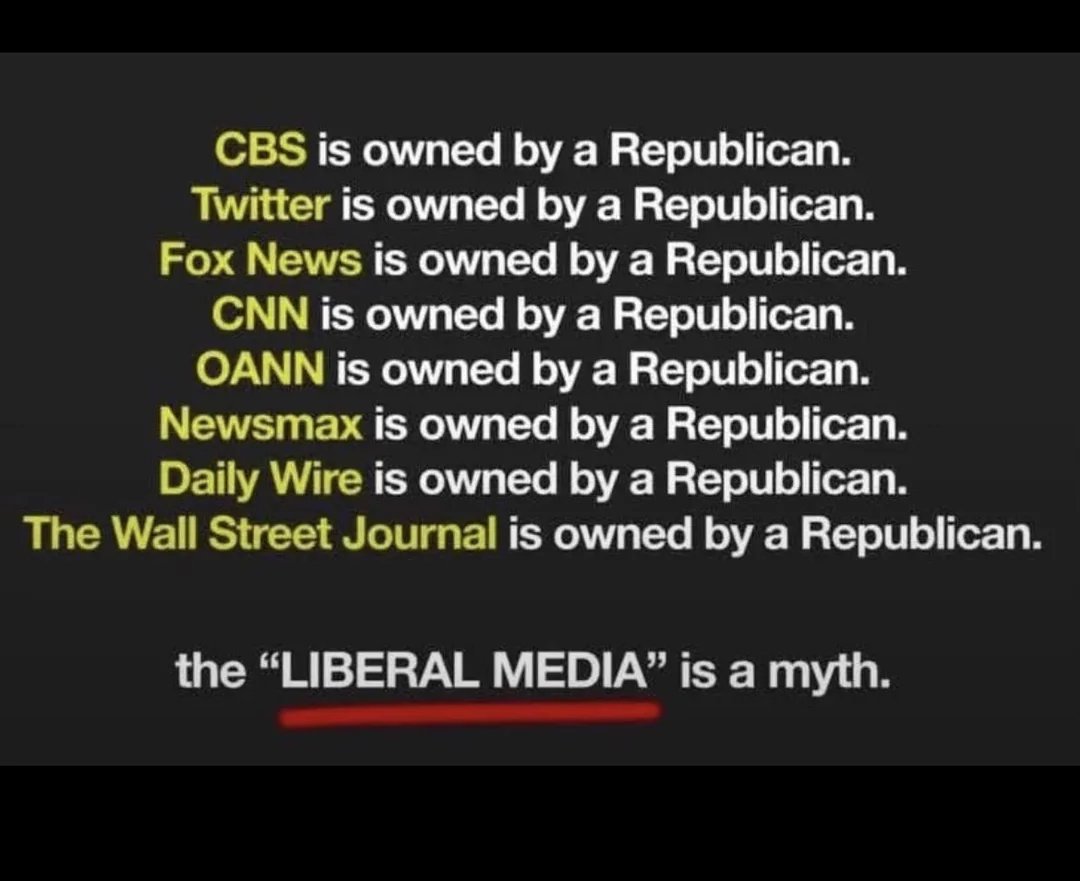 YourAnonNews's tweet photo. The next time some MAGA chud cries about the 'liberal media', remind them that the majority of MSM outlets are owned by republicans. https://t.co/4C90UwPKvT