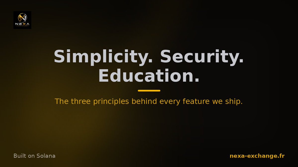 nexa_exchange's tweet photo. NEXA EXCHANGE is built on three principles: simplicity you can trust at a glance, security through non-custodial design, and education so every feature is understood, not just used. That's the philosophy behind every release we ship. #Solana #SolanaDeFi https://t.co/bfIhvS7S9z
