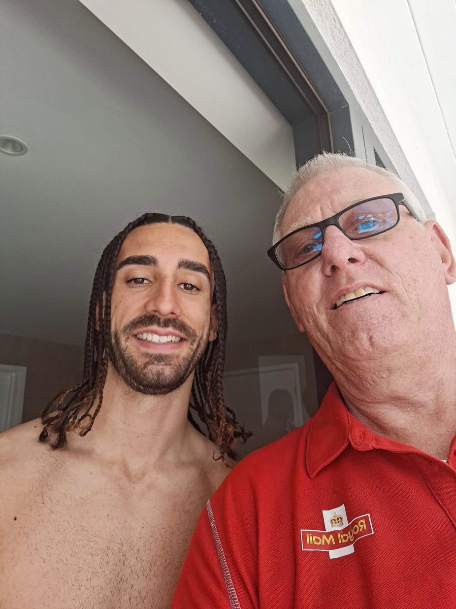 SamCKx's tweet photo. A nice little story I saw on Facebook. World Cup winner Marc Cucurella lives in Horsham, a little town in the UK. 

He let his postman, Gary, wear his World Cup medal today - probably the closest an Englishman has come to one for 60 years! 

Sounds like Cucurella is a good chap. https://t.co/Ee04SeINCg