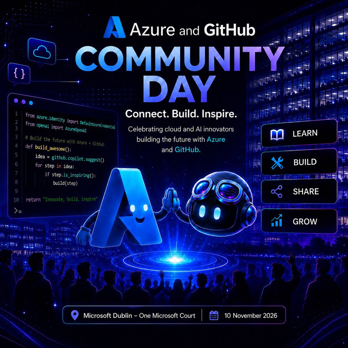 nick_cloudops's tweet photo. 🚀 Azure & GitHub Community Day

We are excited to announce that we are hosting Azure & GitHub Community Day on 10th November at Microsoft Dublin. This year’s theme is GitHub, Azure, and AI.

If you’re passionate about Azure, GitHub, or AI and have a story worth sharing, we love to hear from you. This is your chance to inspire others and share your experience with the community.

The call for speakers opens tomorrow.
Submit your session: https://t.co/tg0GTq2LuO

@kgreeneit @azure_alan #Github #Azure #AI