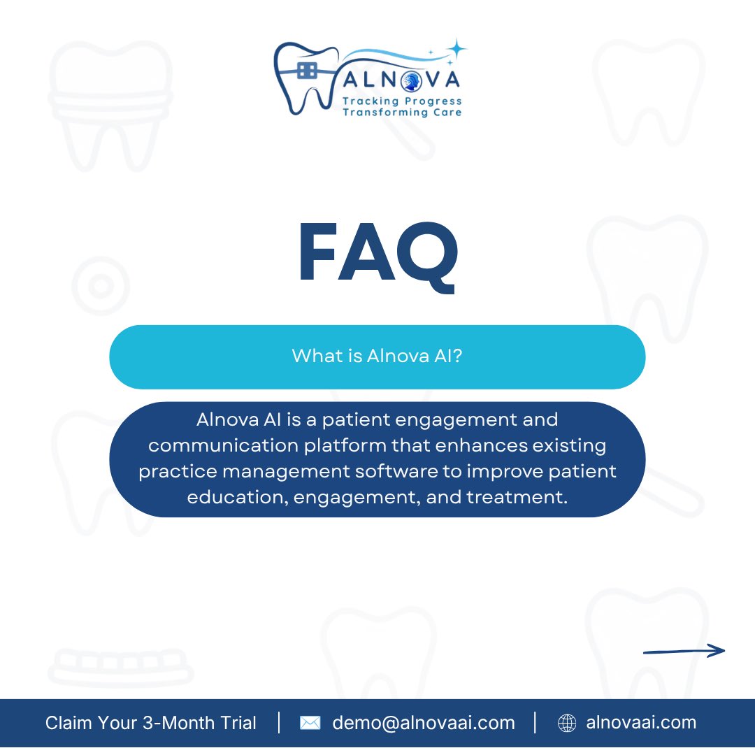 AlnovaDental's tweet photo. Got questions about Alnova AI?
Swipe through our FAQ to learn how we're helping orthodontic practices work smarter and deliver a better patient experience.
🎉 Start your 90-Day Free Trial
📅 Book your demo today
🌐 https://t.co/CgaIcriU7q
#AlnovaAI #Orthodontics #DentalTech https://t.co/V0zXQQcUgA
