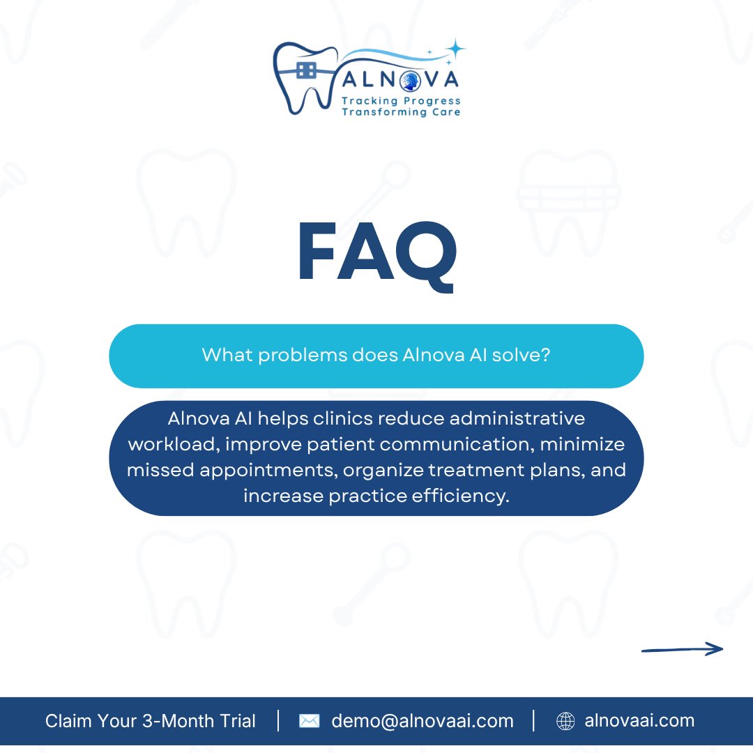 AlnovaDental's tweet photo. Got questions about Alnova AI?
Swipe through our FAQ to learn how we're helping orthodontic practices work smarter and deliver a better patient experience.
🎉 Start your 90-Day Free Trial
📅 Book your demo today
🌐 https://t.co/CgaIcriU7q
#AlnovaAI #Orthodontics #DentalTech https://t.co/V0zXQQcUgA
