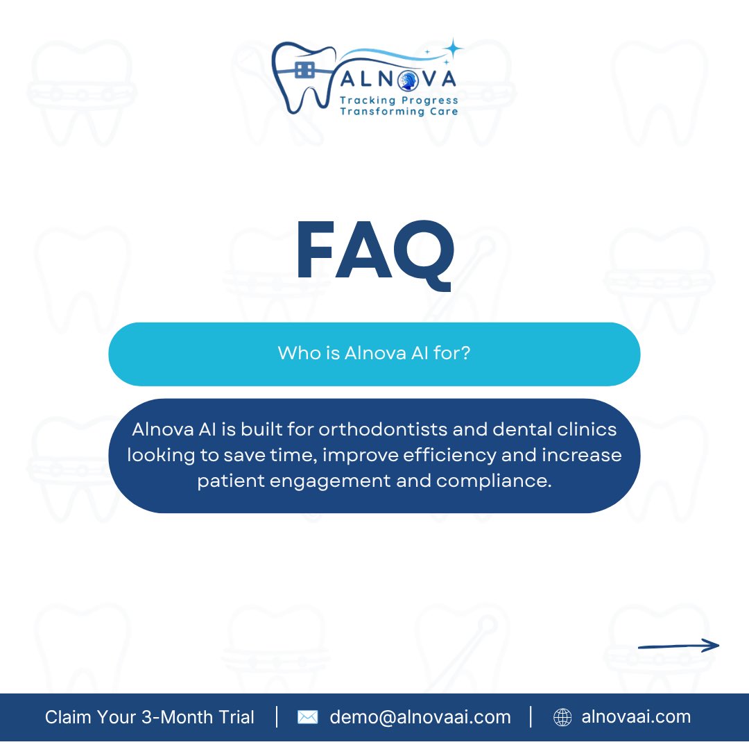 AlnovaDental's tweet photo. Got questions about Alnova AI?
Swipe through our FAQ to learn how we're helping orthodontic practices work smarter and deliver a better patient experience.
🎉 Start your 90-Day Free Trial
📅 Book your demo today
🌐 https://t.co/CgaIcriU7q
#AlnovaAI #Orthodontics #DentalTech https://t.co/V0zXQQcUgA