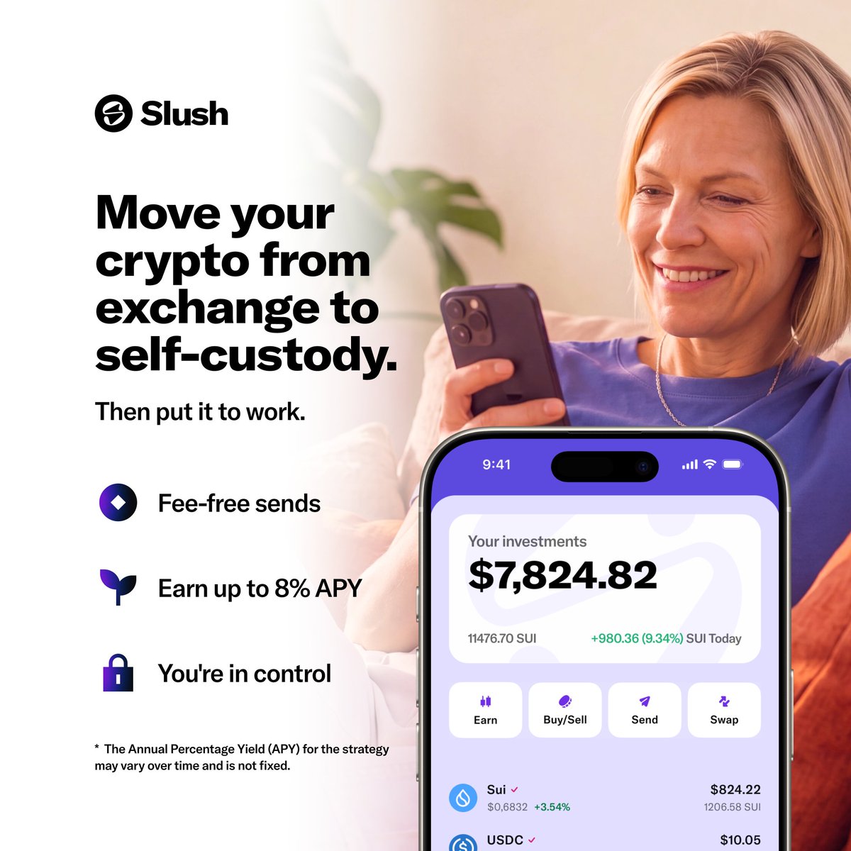 SlushWallet's tweet photo. Your SUI doesn’t have to sit on an exchange. Move it to Slush. Swap. Send. Earn. 

Your crypto. Your keys.