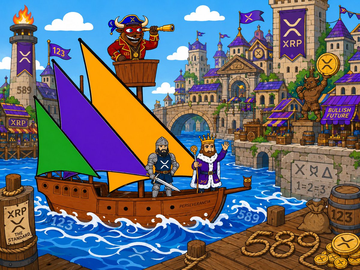 BullableBull123's tweet photo. BullableBull123 has entered the Harbor of the Bullish Future—guided by XRP, coded in 123, and sailing toward 589 beneath the green, purple, and gold sails.The bull has arrived. Will you board the ship? 👁️⚔️👑 https://t.co/umLeeV1R3C