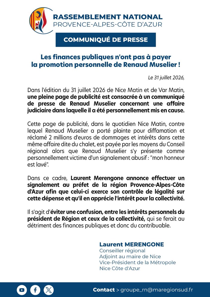 rn_paca's tweet photo. Parce qu'il ne doit exister aucune confusion entre les intérêts de la collectivité et ceux de son Président, @LMerengone demande au Préfet d'exercer son contrôle de légalité ⤵️ https://t.co/c31IKDdbC6