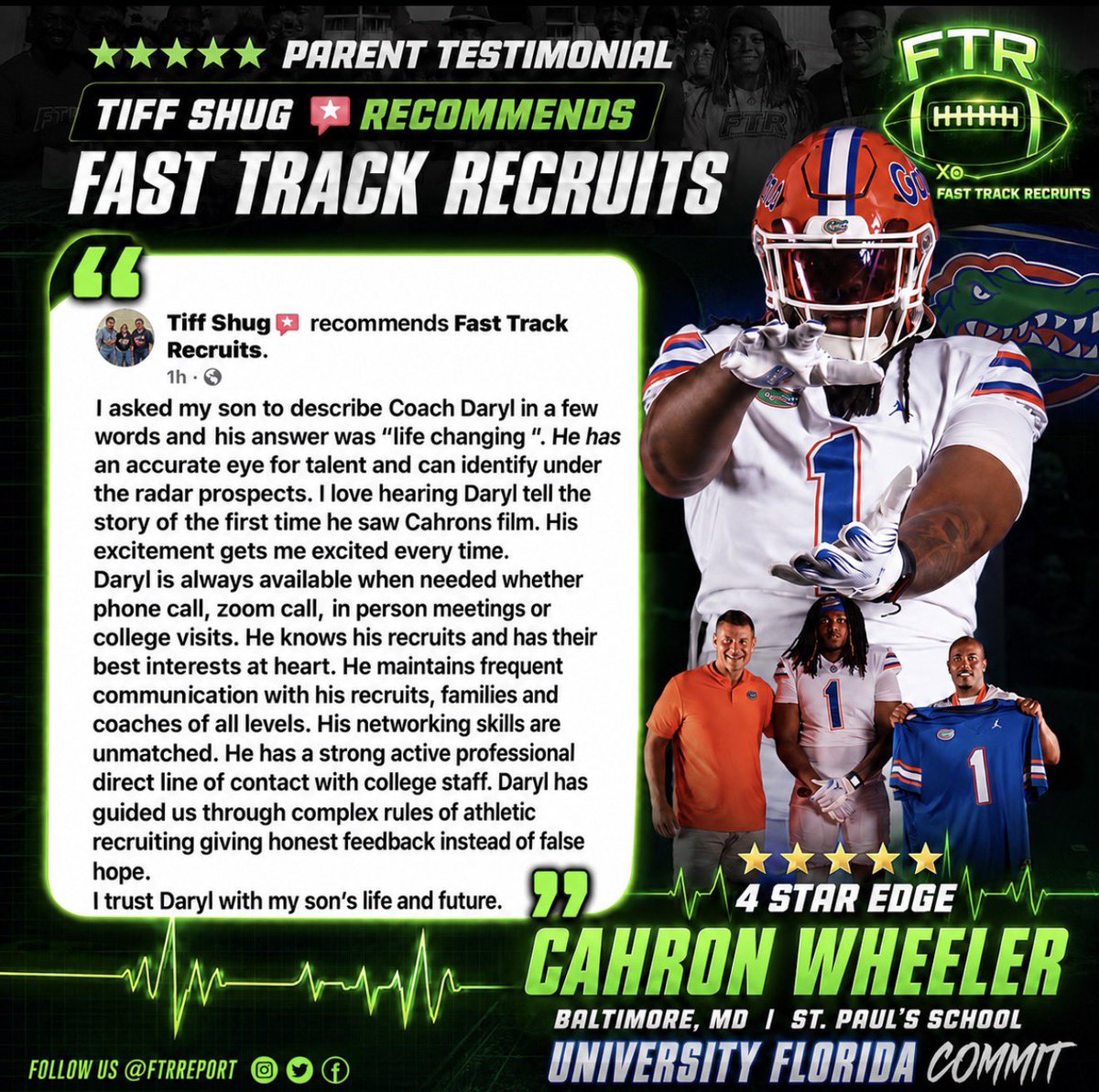 FTRreport's tweet photo. Cahron Wheeler is what most scouts would describe as a freak athlete. Standing at 6’5”, 265 pounds and running a 4.6-second 40-yard dash, he possesses a rare combination of size, speed, and explosiveness. He’s also a Division I-caliber basketball player, which speaks volumes about his athletic ability.

Cahron is another example of the elite talent coming out of Maryland and why the state continues to be one of the nation’s premier recruiting hotbeds. The Florida Gators are getting a special player with tremendous upside, and the best is still ahead of him. #FTR