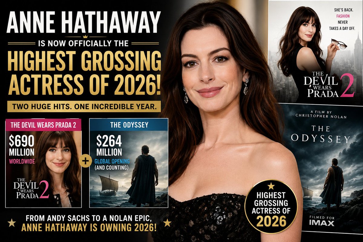 CineHubCity's tweet photo. Anne Hathaway is officially the highest-grossing actress of 2026. 👑

🎬 The Devil Wears Prada 2 – $690M Worldwide
⚔️ The Odyssey – $264M Global Opening
Two blockbuster hits. One incredible year.

Read more on - https://t.co/3rLYspODDF

#AnneHathaway #BoxOffice #TheOdyssey https://t.co/FVwNB6xfPF