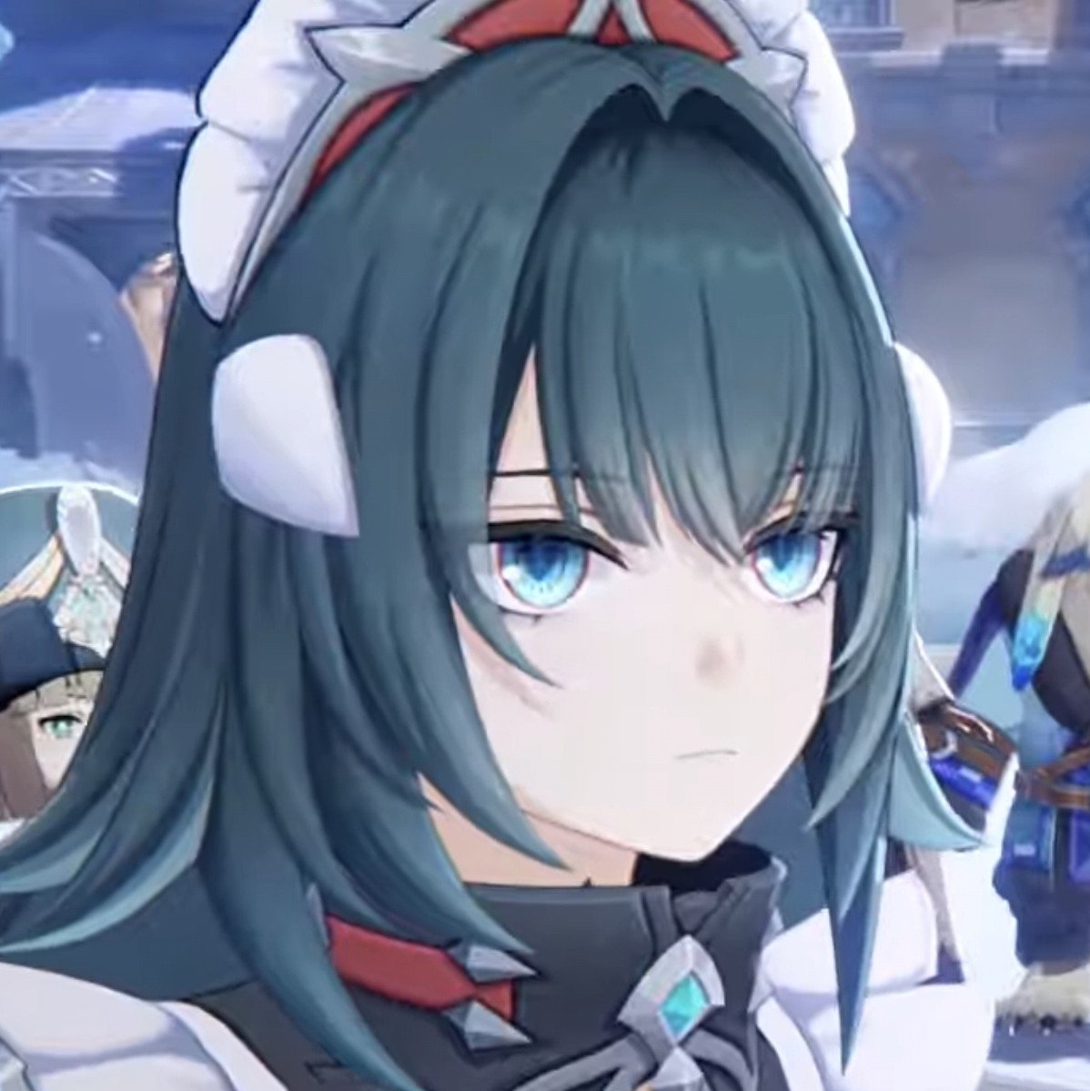 kreideblum's tweet photo. danica is already the second snezhnaya character whose design intrigued me but my interest in her rose exponentially after i saw her fin-like hair, the white ornament on both sides of her head, and black-white paired with deep sea green palette??? PLEASE TELL ME HER MOTIF IS ORCA https://t.co/D5yuqO0P0r
