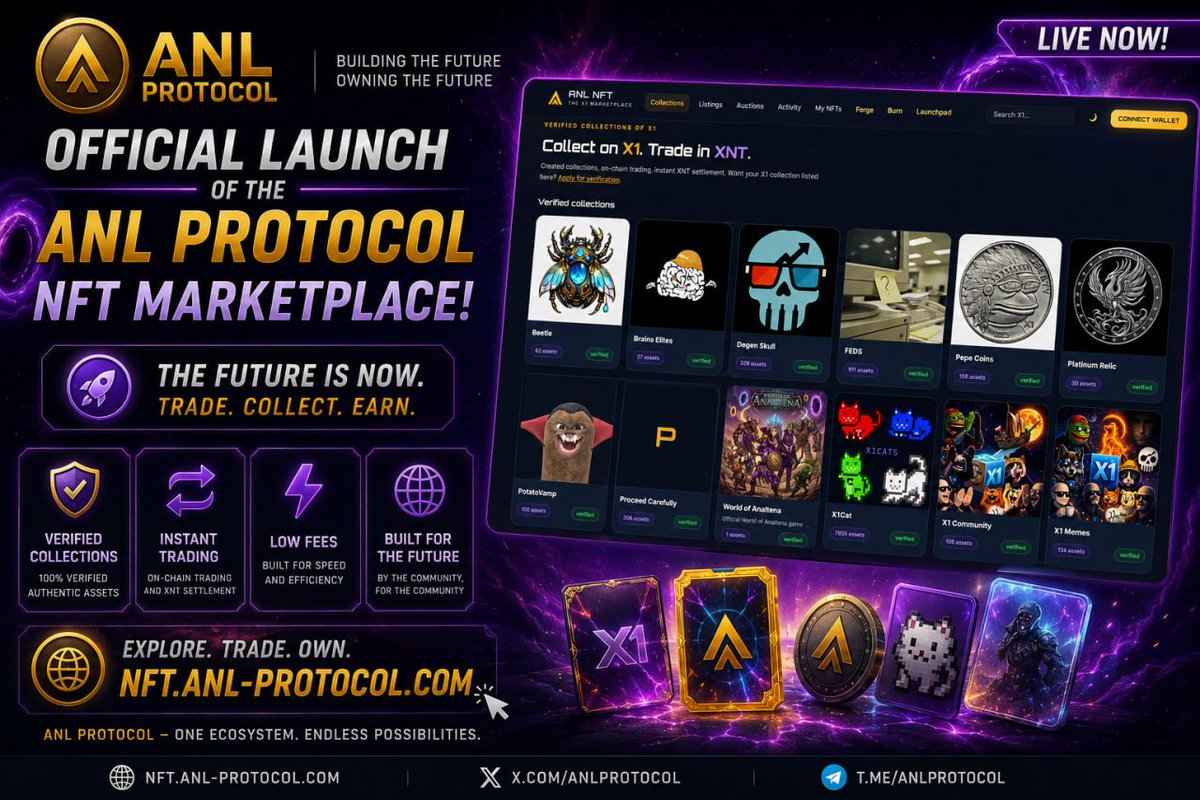 ANLProtocol's tweet photo. 🚀 ANL Protocol NFT Marketplace is LIVE!

Today marks another major milestone for the ANL Protocol ecosystem.

We're proud to officially launch the ANL Protocol NFT Marketplace — your new home for collecting, trading, and discovering digital assets on X1.

🌐 Launch now:
https://t.co/PDzCa7o1xT

🔥 What's available from day one?

✅ Verified NFT collections
⚡️ Fast on-chain trading
💎 Low transaction fees
🎮 Official World of ANALTENA collection
🚀 Built for creators, collectors, and the entire ANL community

This is only the beginning.

Soon we'll introduce even more features, including:
🎁 NFT utilities
🔥 Forging & burning
🚀 Launchpad
🏆 Exclusive collections
🎮 In-game NFT integrations

The ANL ecosystem is growing faster than ever.

One ecosystem. Endless possibilities.

🌐 Website: https://t.co/B5Rwbs15d5
🖼 NFT Marketplace: https://t.co/PDzCa7o1xT
🐦 X: https://t.co/MOl3UqezIs
💬 Telegram: https://t.co/97HSaBsUlw