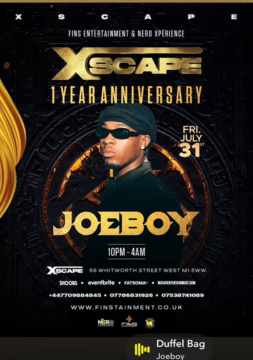 only1kezeefresh's tweet photo. Manchester, are you ready? ๐ฌ๐ง๐ฅ
JOEBOY takes over XSCAPE tonight! ๐ค
If you're outside, this is where you need to be. See you on the dancefloor. ๐พโจ
@Joeboy @XscapeMK @Finix_MHB @NerdExperience
#Joeboy #Manchester #XSCAPE #Afrobeats #AfrobeatsUK #ManchesterEvents #UKNightlife #LiveMusic #NaijaToTheWorld #WeekendVibes