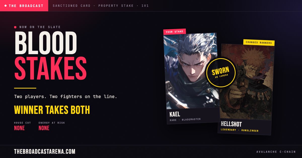 PlayBroadcastA's tweet photo. BLOOD STAKES IS LIVE.  

Two players. Two fighters on the line. One walks away with both.  Pick something you own — a fighter or a character skin. Your opponent matches it. Win and it's yours. Lose and it changes banners.    

Other recent improvement:  
- Pack fragments drop on wins — collect 10, open a free pack  
- Leveling & UI Improvements  
- NEW ON THE ROSTER 
- Two Elementalists, both pulled from packs.  
- Your Stable has a public page   
- A ratings meter that rewards dramatic play