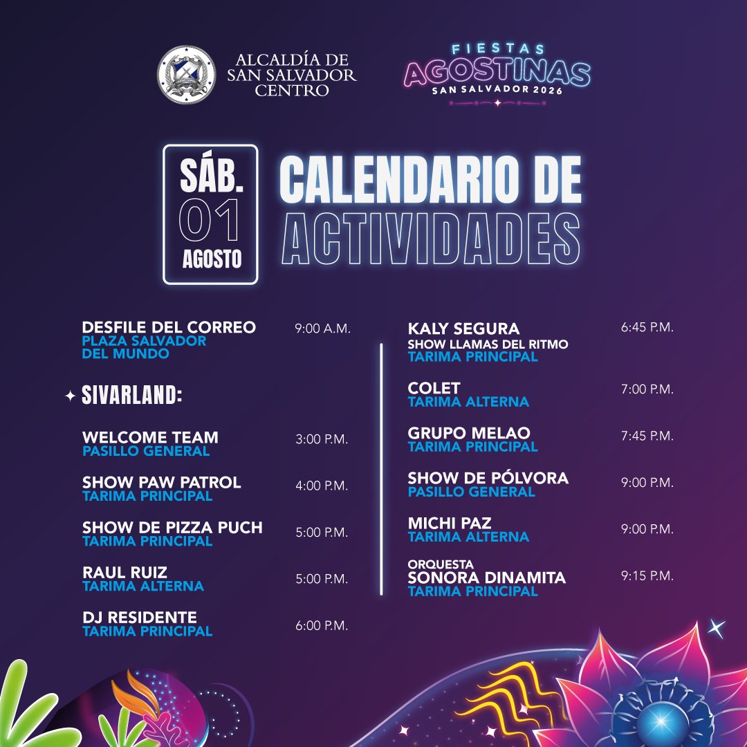 alcaldia_ss's tweet photo. ¡Mañana arrancamos con las #FiestasAgostinas2026!🎡🎉

Este sábado 1 de agosto, disfruta de una jornada llena de música, entretenimiento y mucha diversión en #Sívarland.🤩

📍Plaza Salvador del Mundo y SívarLand

¡Preparáte para vivir las fiestas más grandes de El Salvador! 🇸🇻🔥 https://t.co/HirBkHXcBn