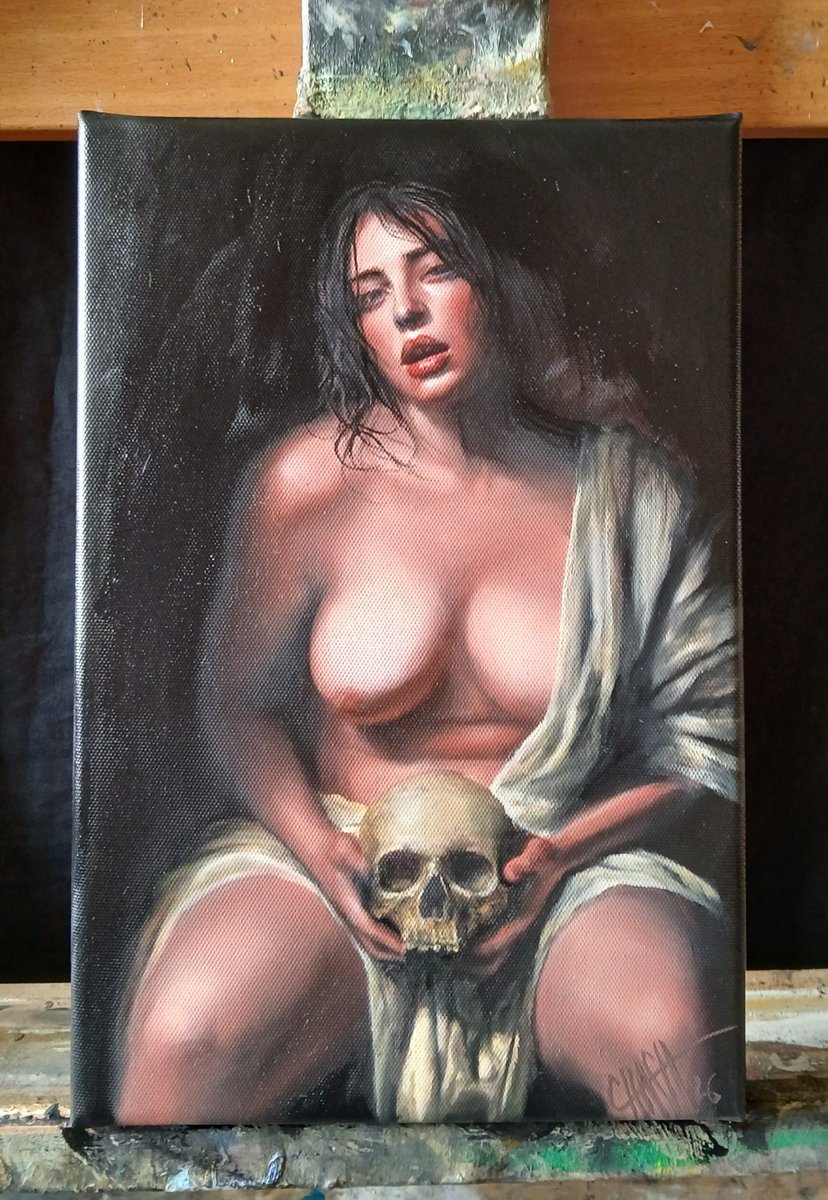 Slikarow's tweet photo. Memento mori
Öl auf Leinwand, 30x20  cm
FrischeFarbe

Chiaroscuro Stil -> Hell-Dunkel-Kontrast
Schon von Caravaggio &amp; Rembrandt gemalt, um hohen Kontrast, Tiefe und Dramatik zu erzeugen https://t.co/of5w30N5Bx