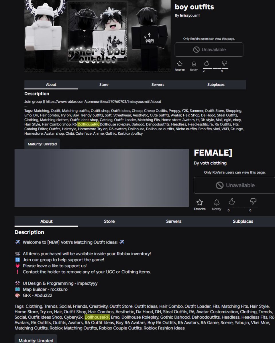 snagfrr's tweet photo. I think i may have found out exactly what caused all the outfit games to be falsely termianted. all of the games ive looked at had a specific tag "DollhouseRP" getting them automatically deleted along with real dollhouse games. outfit games are still up, without that specific tag https://t.co/wAsAAtk9q6