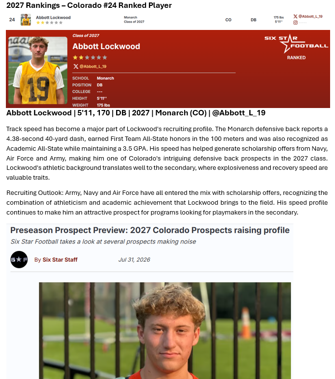 Abbott_L_19's tweet photo. So Blessed to receive a ⭐️⭐️Ranking and Colorado's #24 ranked player in the class of 2027 by Six Star Football @sixstarfootball  
https://t.co/XBR26nZIH8

@denversportsmag @MileHighPreps @MileHighSports
@coloradopreps @polynesiabowl @BrentWNew
@CoachOBrien @Coach_Nai @mohi_football
@CoachClayWhite @CoachAK_Power @TRHP6
@CoachRMatthews @RWCPhins1 @AlPopsFootball
@RobertLDavisIV @SidelinePreps @CoachBigPete
@SchwartzAthSpot @warriorqbcoach @Tanner4Gentry @ttg_denver @Steveusc @MarcKulkin @coachwes_23 @MattT8Scouting
@CoPreps @sixstarfootball @mosesk225 @GHoward_Scout @BrandonHuffman @PGregorian
@ttherzog @JReyes_NP @MISTER_F00TBALL