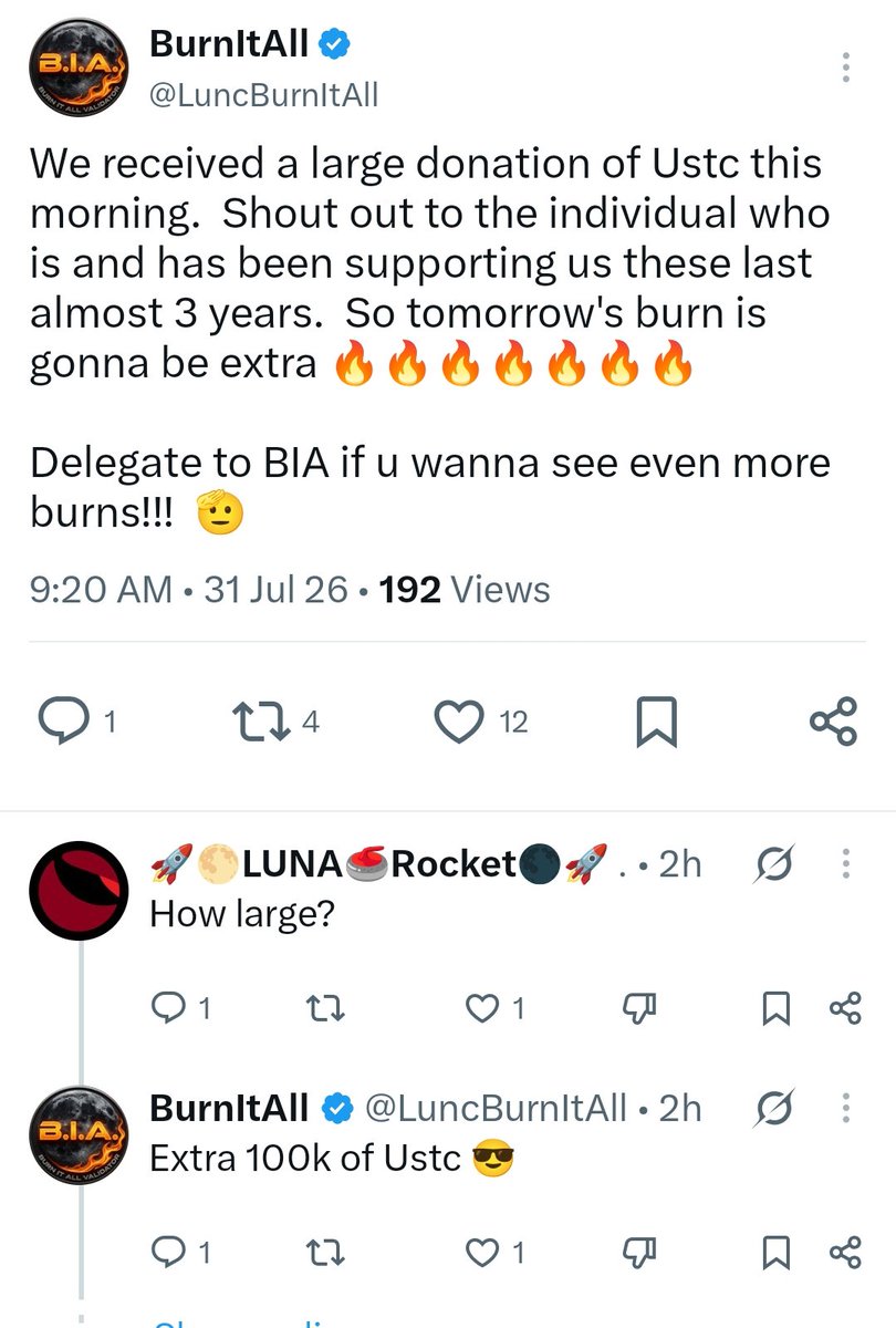onlycryptobaron's tweet photo. This is for the brainwashed anti-tax promoters for #LunaClassic 

We literally have people DONATING to burn #LUNC & #USTC .. that's how bad people want it.. 

We are not talking a 1k donation, not a 10k donation, but 100,000 $USTC handed over to burn. Yet the brainwashing of validators that have L2 token taxes that feed their own pockets say a 1.5% tax is going to ruin the chain because it hyper burns supply and fills a very needed OP.

Be smart and stake with those that voted yes such as our validator "Luna Classic Revival Validator" 🧠