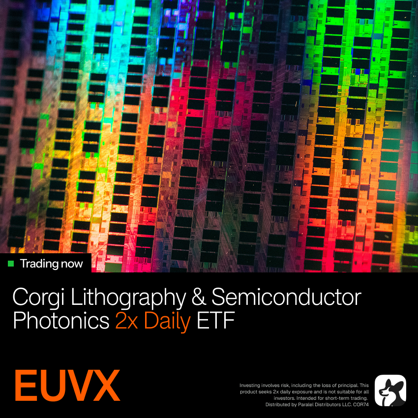 CorgiAM's tweet photo. From the lithography systems that print advanced chips to the photonics moving data through light in AI data centers, $EUVX seeks 2x the daily performance of an index of the Corgi Lithography & Semiconductor Photonics ETF, $EUV, before fees and expenses, at a 0.45% expense ratio.   

Learn more at https://t.co/ynNyFCgXMH